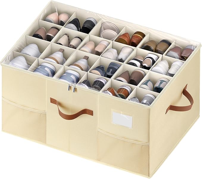 Shoe Organizer for Closet, 1 Pack Shoe Storage Container with Adjustable Dividers, Space Saving Shoe Box Storage Organizer Bin with Clear Lid and 4 Handles, Fits 12-24 Pairs, Beige