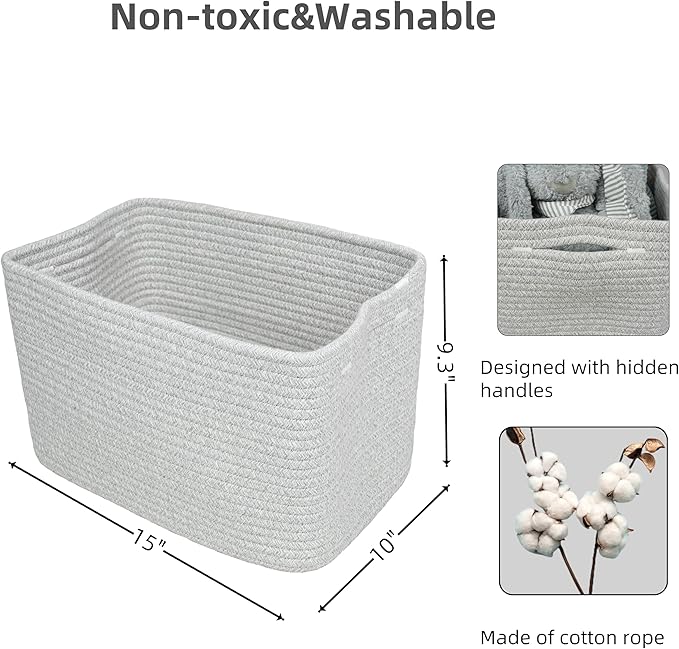 Cotton Rope storage Basket Bins Woven Basket for Organizing Shelves 15X10X9.3“ Rectangle Decorative Baskets For storage Clothes Toys Books Towels Square Wicker Nursery basket organizer 3 pack grey