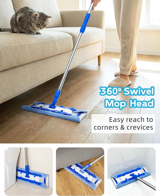 MR.SIGA Professional Microfiber Mop for Hardwood, Laminate, Tile Floor Cleaning, Stainless Steel Telescopic Handle - 3 Reusable Flat Mop Refills and 1 Dirt Removal Scrubber Included