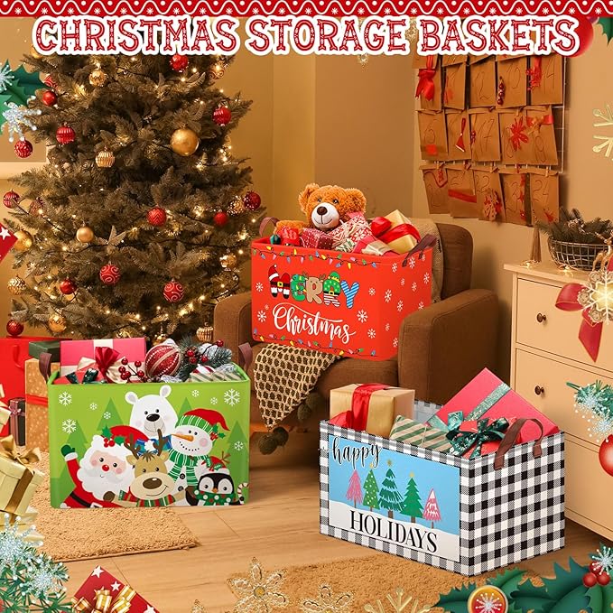 Boao 3 Pack Large Christmas Storage Baskets for Gifts Empty Collapsible Christmas Storage Bin with Handle, Xmas Canvas Laundry Basket for Home Bedroom Clothes Toys Closet Shelf Office Holiday Decor