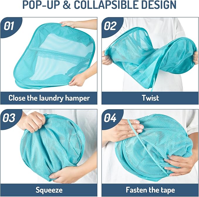 Seiritex Mesh Popup Laundry Hamper 2 Compartment, Collapsible Laundry Sorter Basket Foldable Hamper for Clothes, College Dorm, Travel (Turquoise Blue)