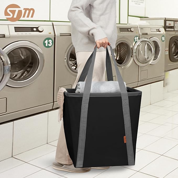 STORAGE MANIAC Collapsible Laundry Caddy, 128L (34 Gal) Large Collapsible Laundry Basket with Sturdy Metal Wire Frame, Long Carry Handles - Space-Saving, Foldable Laundry hamper, 2 Pack Black
