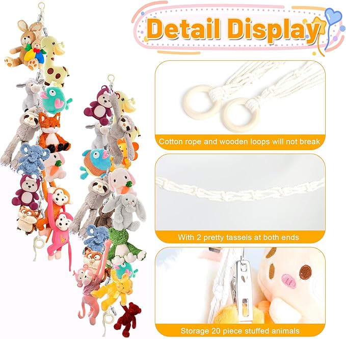 2pcs Stuffed Animal Storage Chain - Boho Stuffed Animal Hammock with 40pcs Metal Clips, Stuff Animal Organizer Hanging Storage for Bedroom Wall Door Display