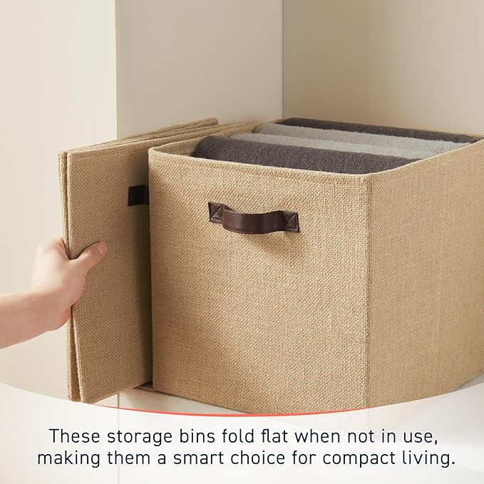 Ornavo Home 10.5 x 10.5 Storage Cube Bins, 6 Pack Jute Baskets, Fabric Storage Bins Shelf Basket Cube Organizer for Closet Foldable Collapsible with Leather Handles