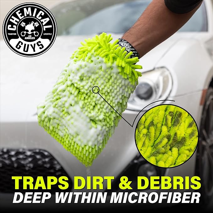 Chemical Guys Chenille Premium Scratch-Free Microfiber Wash Mitt for Car Washing - Lime Green, Ultra-Soft Car Wash Glove, Swirl-Free Finish, Safe for Trucks, SUVs, Motorcycles, and More