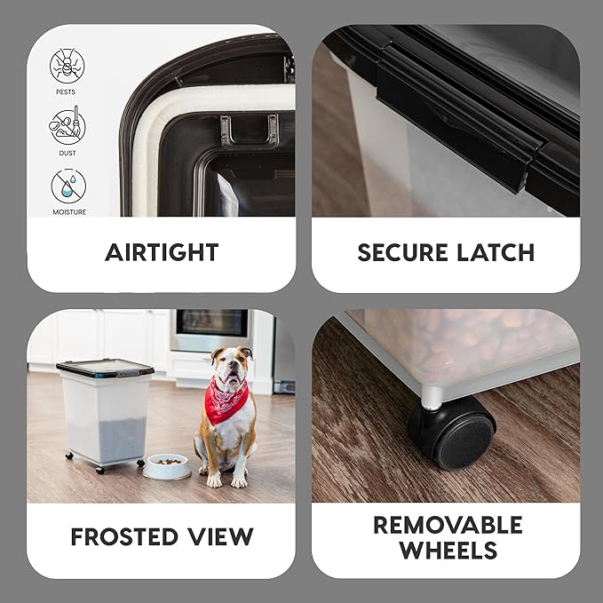 IRIS USA 50 Lbs / 65 Qt WeatherPro Airtight Pet Food Storage Container with Removable Casters, for Dog Cat Bird and other Pet Food Storage Bin, Keep Fresh, Translucent Body, Easy Mobility, Pearl/Black
