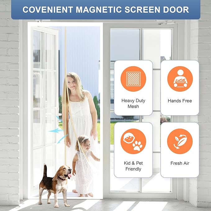 Magnetic Screen Door Mesh 74" x 82" - Fits 72" x 80" Door Size, Works for Patio, Sliding Door, Keeps Bug Mosquito Out, Fresh Air Flow, White