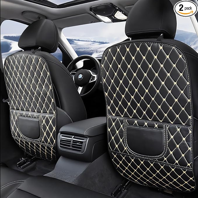 Leatherette Car Seat Protector - 2 Pack Large Car Kick Mats with Storage Pockets Organizer Seat Back Cover Against Dirty Shoes & Scratches, Universal Fit for Most Vehicles, Black with Beige Line