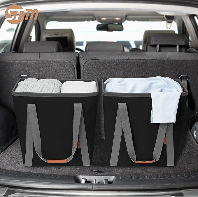 STORAGE MANIAC Collapsible Laundry Caddy, 128L (34 Gal) Large Collapsible Laundry Basket with Sturdy Metal Wire Frame, Long Carry Handles - Space-Saving, Foldable Laundry hamper, 2 Pack Black