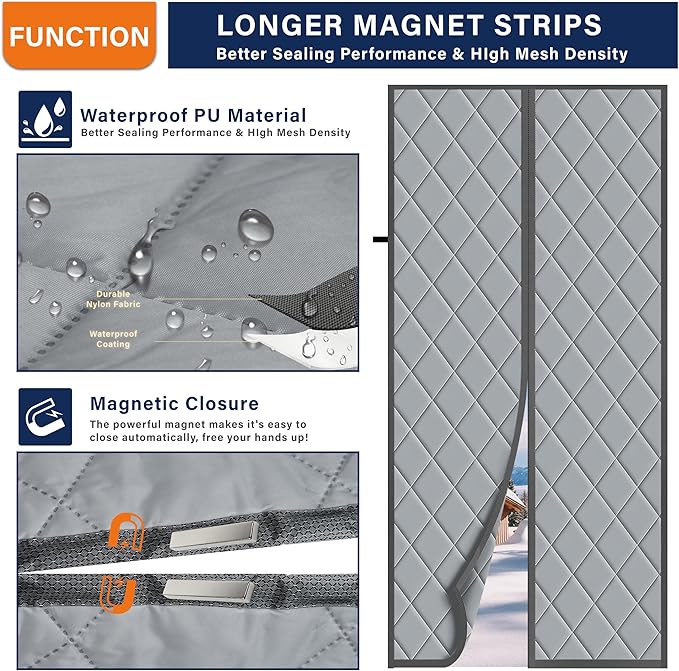 Magnetic Thermal Insulated Door Curtain, Fits Door Size 38" x 82",Durable Oxford Cloth&Thicken Polyester Fiber Fill, Efficient Temperature Control, Durable Construction, Soundproof and Windproof