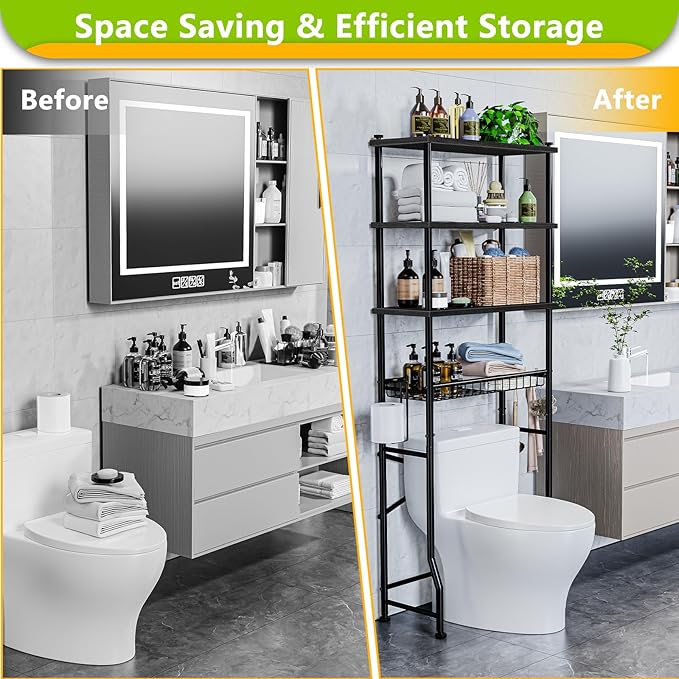 Over-The-Toilet Storage Rack, 4-Tier Bathroom Organizer Shelf Over Toilet with Adjustable Shelf and Basket, Freestanding Space Saver Bathroom Shelves Above Toilet for Room (Black)