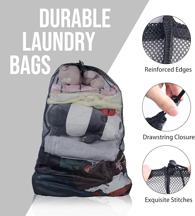 2 Pack Mesh Laundry Bags, Large Mesh Laundry Bag 24"x 36", Durable Net Travel Laundry Bags for Home, Dorm, Apartments, Laundromat Black