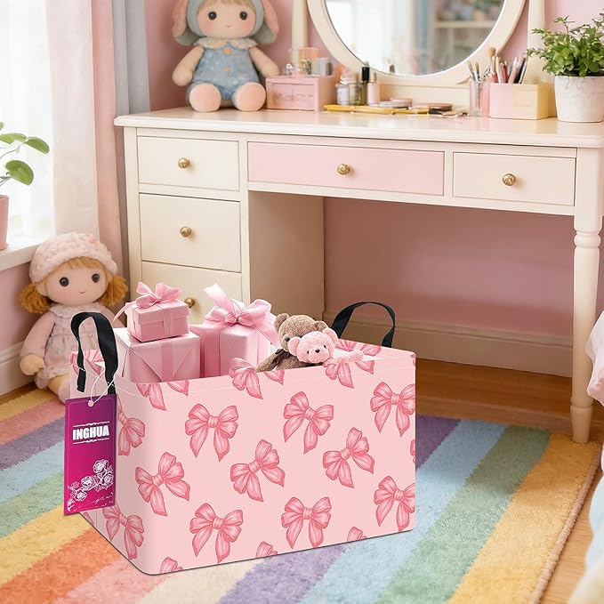 Rectangular Storage Basket Fabric Organizer Bin for Toys,Books,Clothes,Gifts,Pets-Perfect for Home,Office,Nursery,Dorm,Shelf(Rec-Pink bowknots )