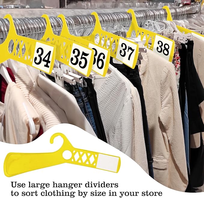 DoubleFill 25 Pcs Large Closet Dividers and 50 Pcs White Blank Cards 18 Inch Clothing Rack Size Dividers for Hanging Clothes, Yellow Garment Rack Tag for Clothes Organization