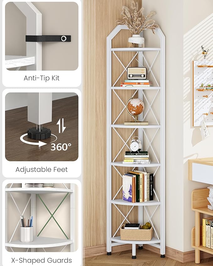 6-Tier Industrial Corner Shelf, 71.2" Corner Storage Stand, Plant Stand Display Shelf, Corner Bookcase for Bedroom, Living Room, Home Office, White TCJ11WB