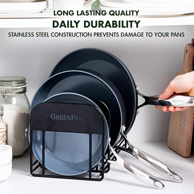 GreenPan Stainless Steel Wire Cookware Storage Rack, 5 Frying Pan Compartments, Countertop or Cabinent Organizer, Minimizes Clutter, Fast Drying, Wipes Clean, Black