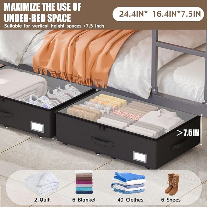 EE-RoomWorld Underbed Storage Bins with Wheels, No Assembly Required - 7.5 inch height Black Large Capacity Rolling Underbed Containers for Shoes, Dorm under bed storage drawers