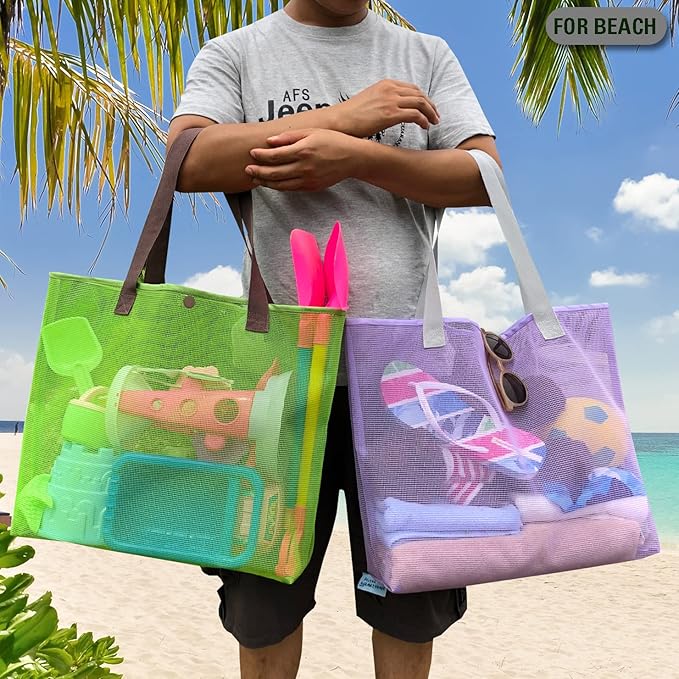 2Pack Large lightweight Simple Mesh Beach Tote Bag With snap Button Reusable Pool Bag for Outdoor Travel Shopping Gym