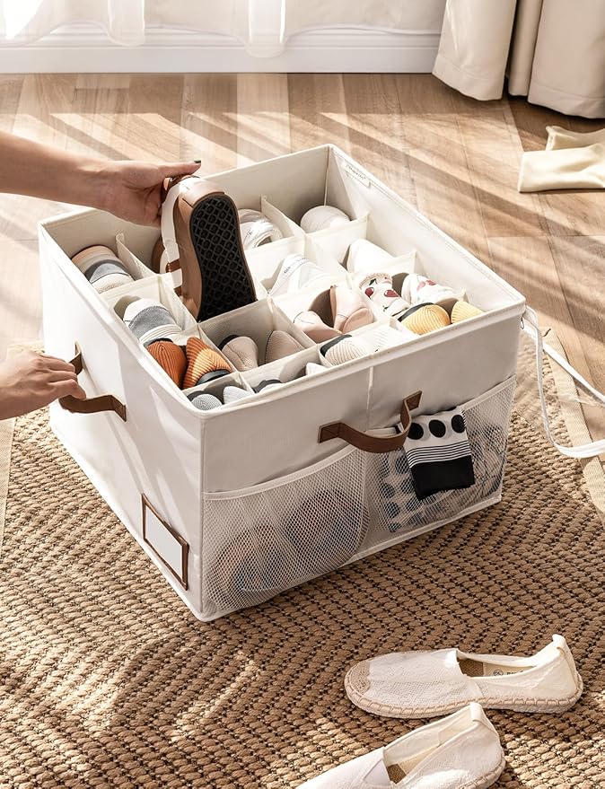 StorageWorks Shoe Organizer for Closet, Fits up to 16 Pairs, Shoe Cubby Storage Containers with Side Mesh Pocket and Clear Cover, Beige