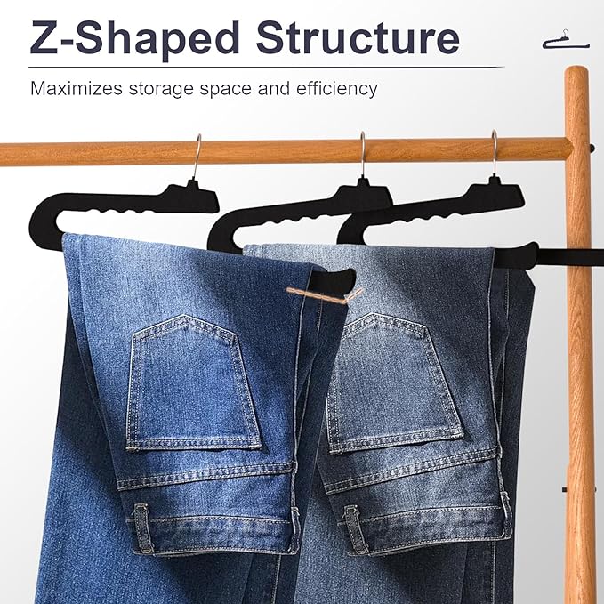 Velvet Pants Hangers - 16 Pack Black Non Slip Open Ended Hanger with 360 Swivel Hook - Closet Space Saving Hanger for Heavy Pants, Jeans, Trousers, Scarf