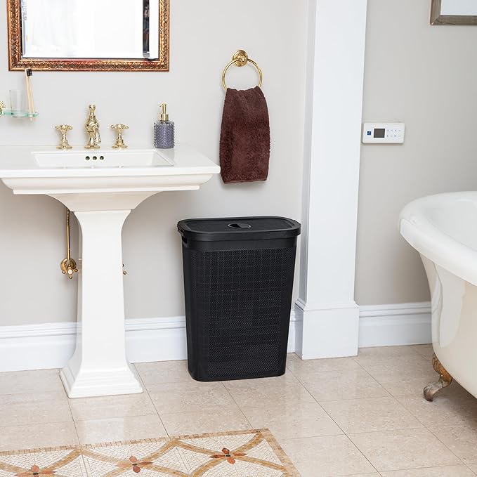 Mind Reader Slim Laundry Hamper with Lid, 40L Clothes Basket, Linen Design, Plastic, Black