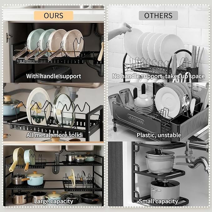 Pots and Pans Organizer Under Cabinet, Expandable Length, Adjustable Height Under Sink Shelf 2 Tier with 5 Dividers Under Cabinet Shelf, Metal Frame for Bathroom Kitchen Pantry Cabinet (Black)
