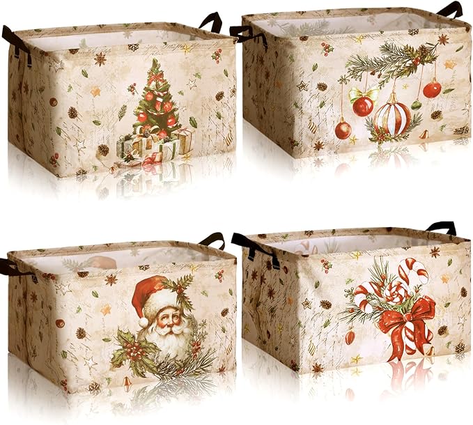 4 Pack Christmas Storage Bin Collapsible Large Christmas Storage Baskets for Gifts Xmas Tree Canvas Laundry Basket Foldable Box with Handle for Office Home Bedroom Clothes Toys Holiday Decor