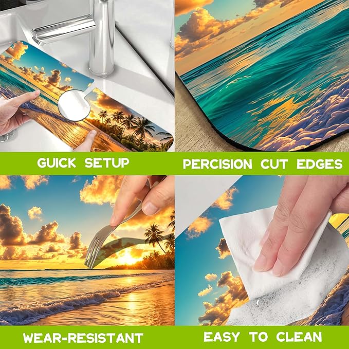 Sunset Beach Waves Palm Trees Kitchen Sink Splash Guard Faucet Mat Super Absorbent Fast Drying Mat Guard Behind Faucet Drip Catcher for Kitchen Bathroom, 15.5"X5.5"