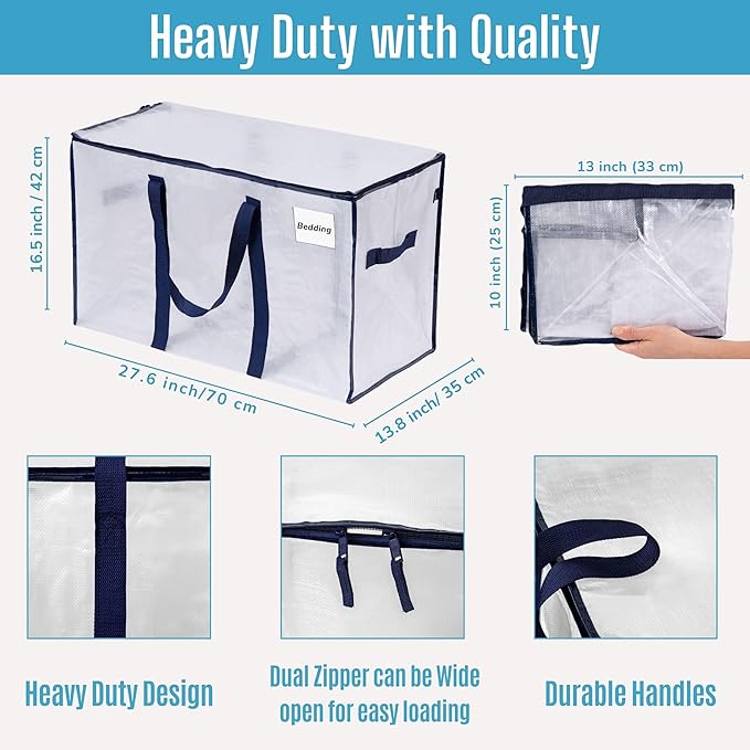 VENO 4 Pack Moving Bags and Large Christmas Storage Bins with lids. Alternative to Moving Boxes, Packing Supplies for College. Extra Large Heavy Duty Totes for Packaging (Clear, 4 Pack)