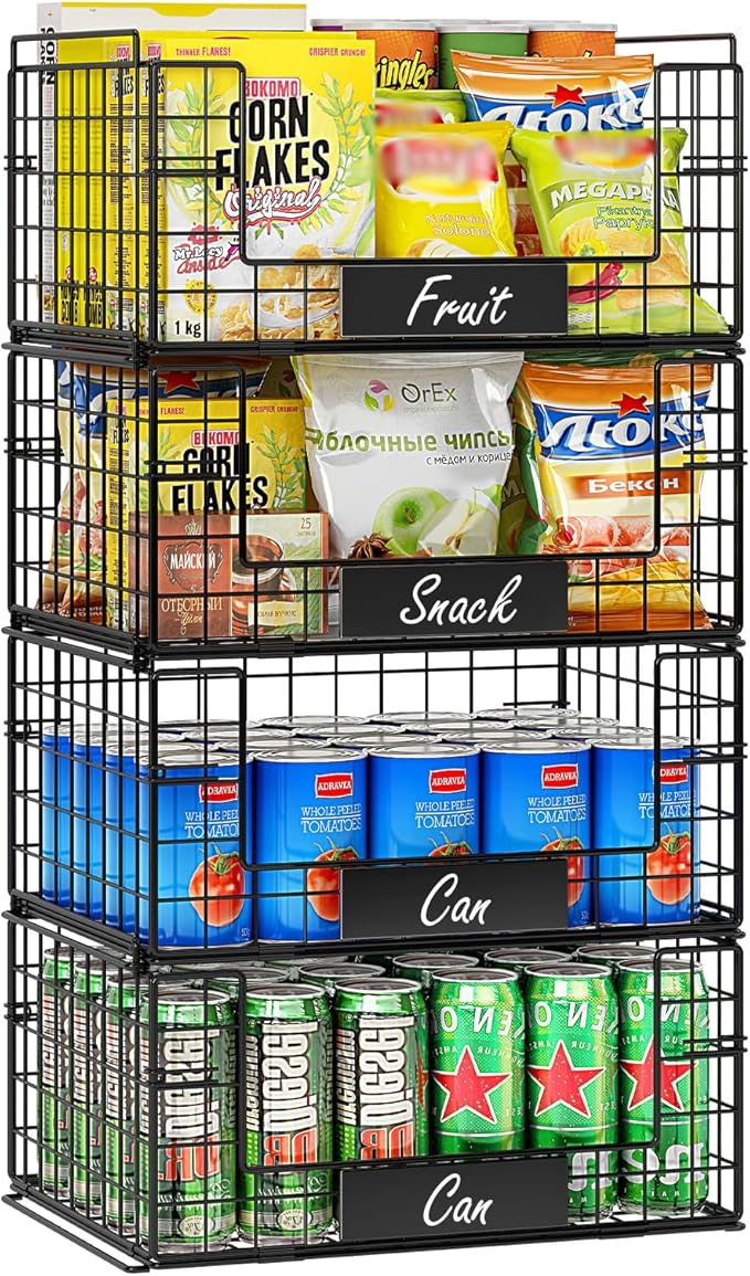 JKsmart 4 Pack XXL Stackable Wire Baskets with Handles for Pantry Storage and Organization,Fruit and Vegetable Basket with Name Plates,Metal Storage Bins for Snack Can Fruit Veggies