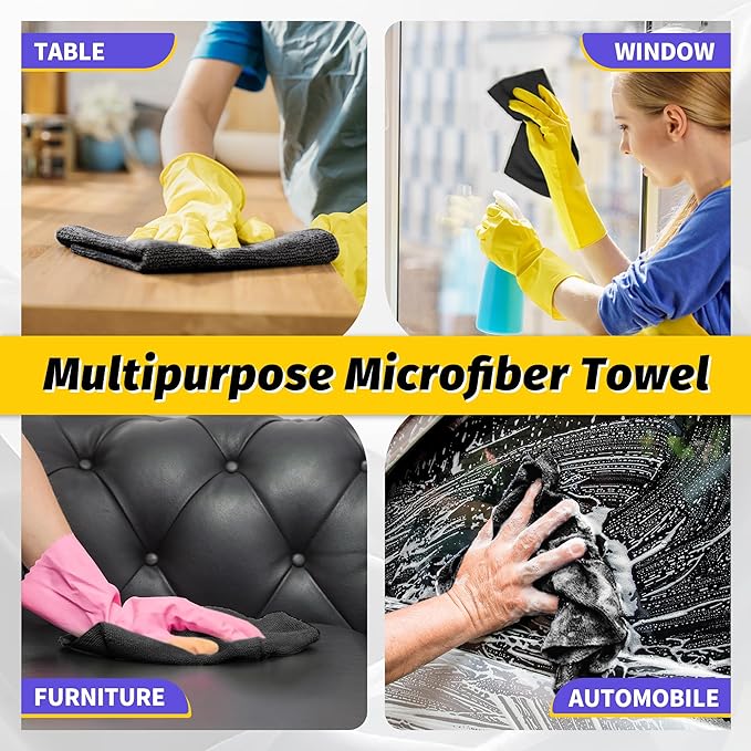 HOMERHYME Microfiber Cleaning Cloth, 100 Pack Black Cleaning Rags Microfiber Towel Bulk Absorbent Lint-Free Wash Cloths, All-Purpose Towels for Cars, Shop, Automotive, Garage, Home & Kitchen