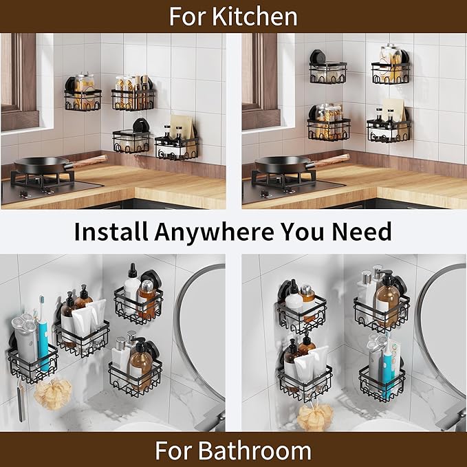 KEGII Suction Cup Shower Caddy 4 Pack, Universal Fit for All Showerheads, No Drill Bathroom Organizer with 36 Hooks & Razor Holder, Removable and Waterproof, Black