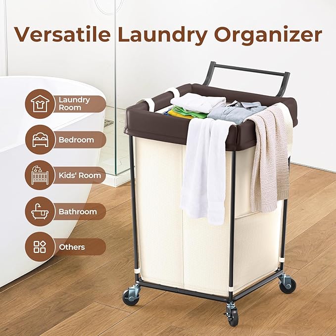 160L Laundry Hamper with Wheels and Handle, 2 Section Large Rolling Laundry Basket Bag with Wheels, Clothes Hamper Cart for Laundry, Bedroom, Bathroom and Dorm