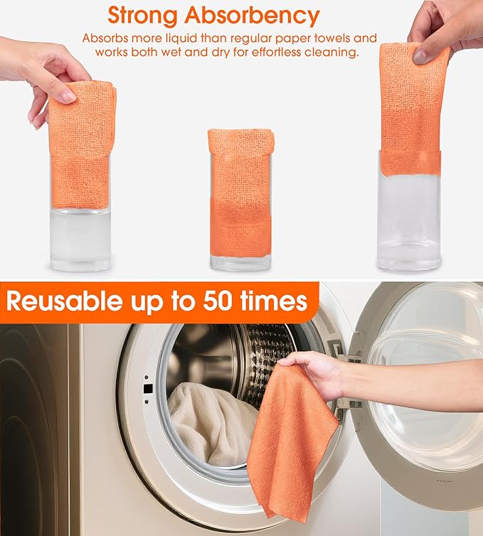 CHAUNCEY HOME Microfiber Cleaning Cloth Roll–100 Pack, Tear Away Microfiber Towels, Reusable, Washable, Scratch-Free, Kitchen Towels for Car, Home, Kitchen, Glass, Dishes(Honey Orange)