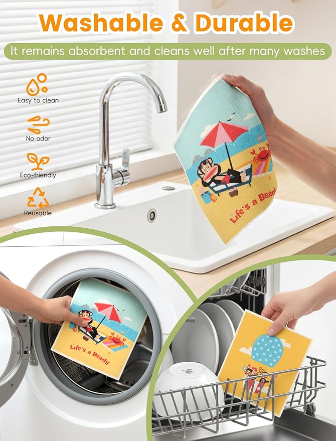 Paul Frank Swedish Dishcloths for Kitchen, 6 Pack Funny Swedish Dish Cloths Reusable Paper Towels, Super Absorbent Dish Cloths Washable Non-Scratch for Home Kitchen, Cellulose Sponge Cloths No Odor