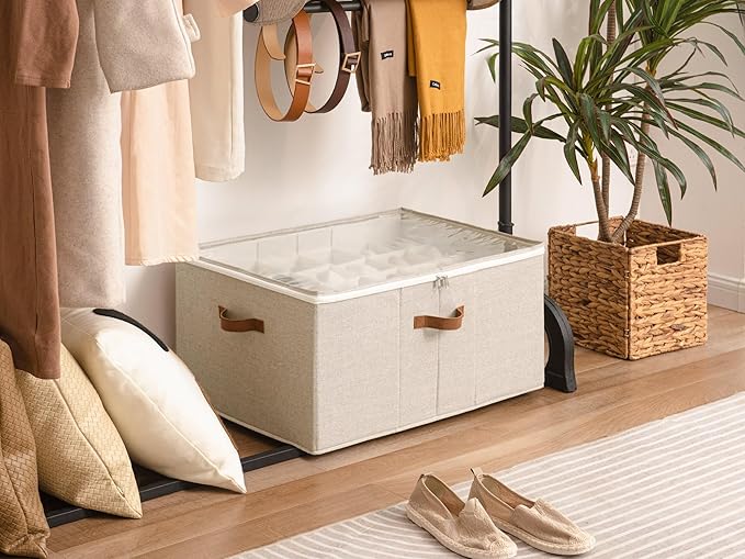 StorageWorks Shoe Organizer for Closet, Fits up to 24 Pairs, Shoe Cubby Storage Containers with Adjustable Dividers and Clear Cover, Taupe