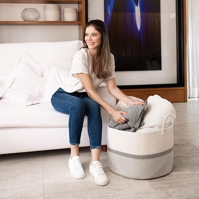 OrganiHaus Large Woven Storage Basket for Blankets and Toys 20" x 13" Inch, Rope Laundry Basket with Handles, Cushions & Pillows Storage Bin, Nursery Hamper, Soft Round Dog Toy Bin - Gray Stripe