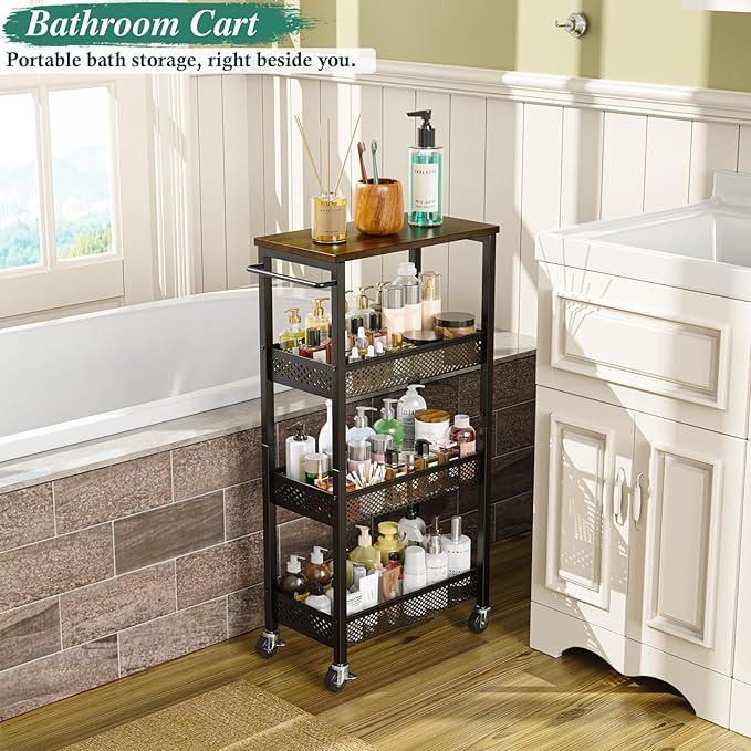 Utility Slim Storage Cart, 4-Tier Narrow Bathroom Organizer and Storage Cart, Metal Narrow Kitchen Laundry Room Organization Rack with Wood Top, Slim Rolling Shelf with Wheels for Small Space