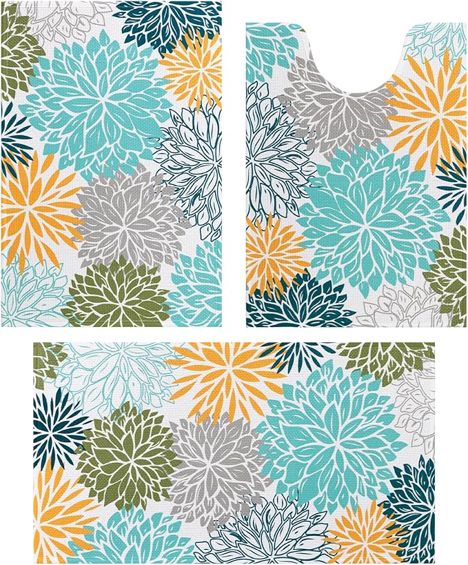Vaukki Bathroom Rug Set 3 Piece, Non Slip Absorbent Rubber Backed Floral Bath Floor Mat Fit Under Door, Ultra Thin Quick Drying Bath Rug for Shower, Tub and Toilet, 17"x26"+17"x32"+17"x24"U, Teal