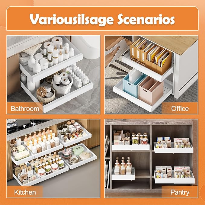 Pull-Out Cabinet Organizer with Expandable - Spice Rack Organizer for Cabinet & Slide-Out Drawers for Kitchen Cabinets，Adjustable Width 11.8"-19.7" White