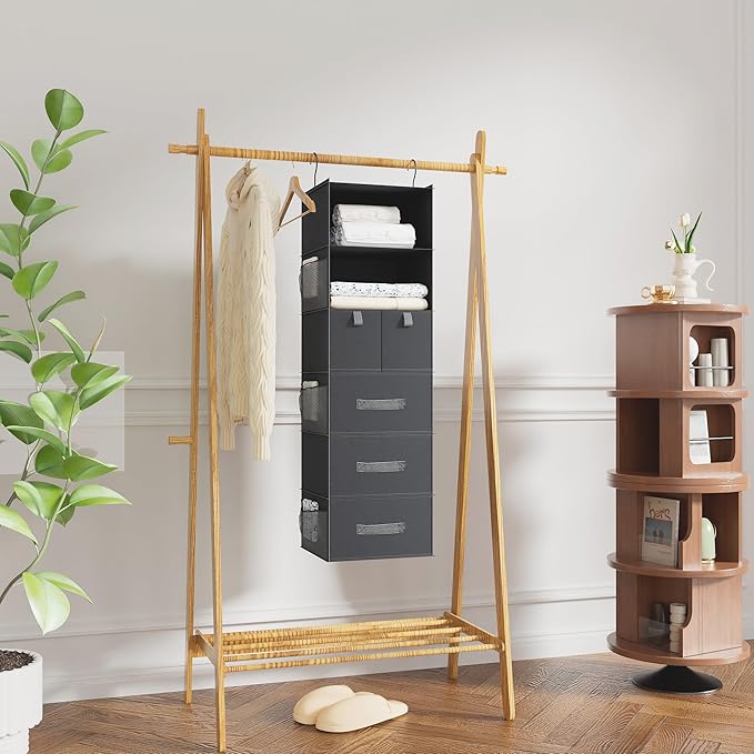 6-Shelves Hanging Closet Organizer with 5 Different Drawers, Foldable Organizers and Storage for Wardrobe, Closet& RV, Clothes and Accessories Storage, Non-Woven Fabric, Dark Gray