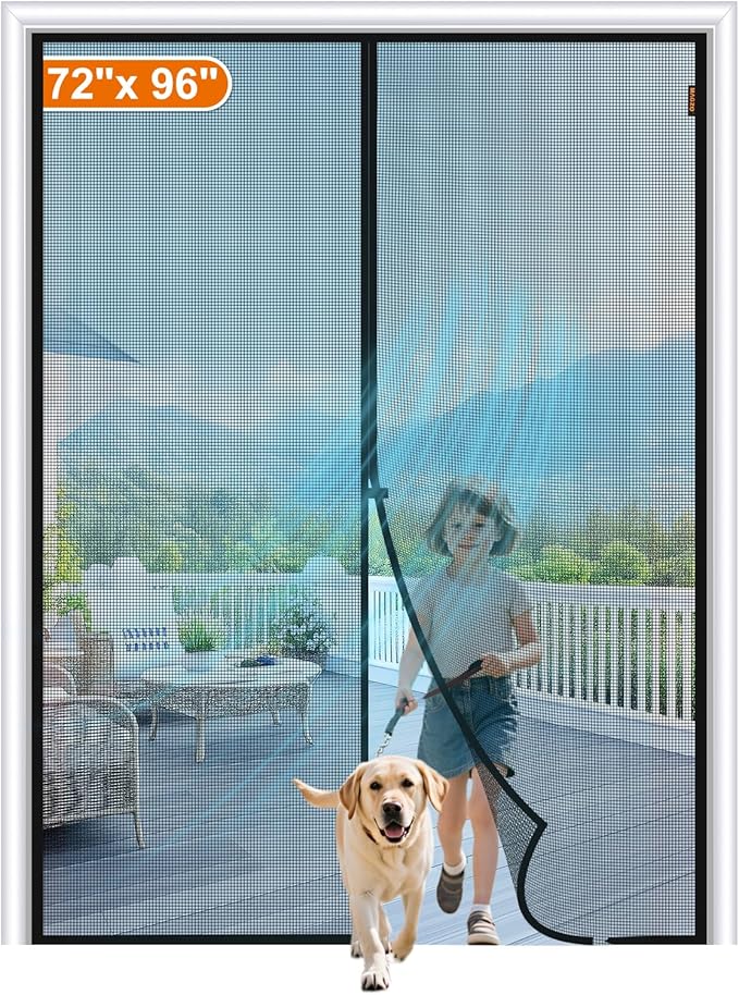MAGZO Magnetic Screen Door Fit Door Size 72 x 96 Inch, Actual Screen Size 74" x 97" Polyester Screen Curtain with Full Frame Hook&Loop, Black