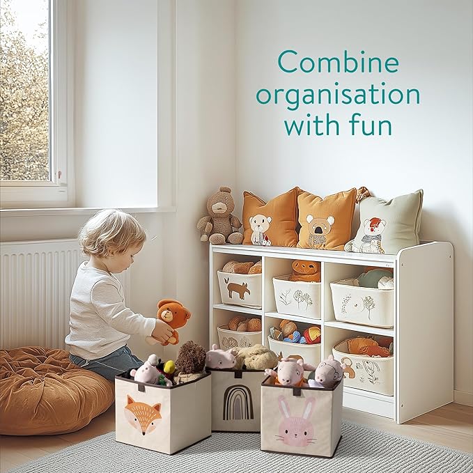 Navaris Kids Storage Cubes Set of 3 - Kids Cube Fabric Organizer Storage Bins - Foldable Cloth Cube for Childrens Bedroom Baby Nursery - Book Toy Bin Cubby Storage - Rabbit & Fox