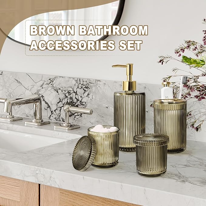 Brown Glass Bathroom Accessories 4 Pcs, Brown Bathroom Set, Soap Dispenser and Toothbrush Holder Set, Qtip Holder Set, Vintage Bathroom Sink Set, Modern Bathroom Decor