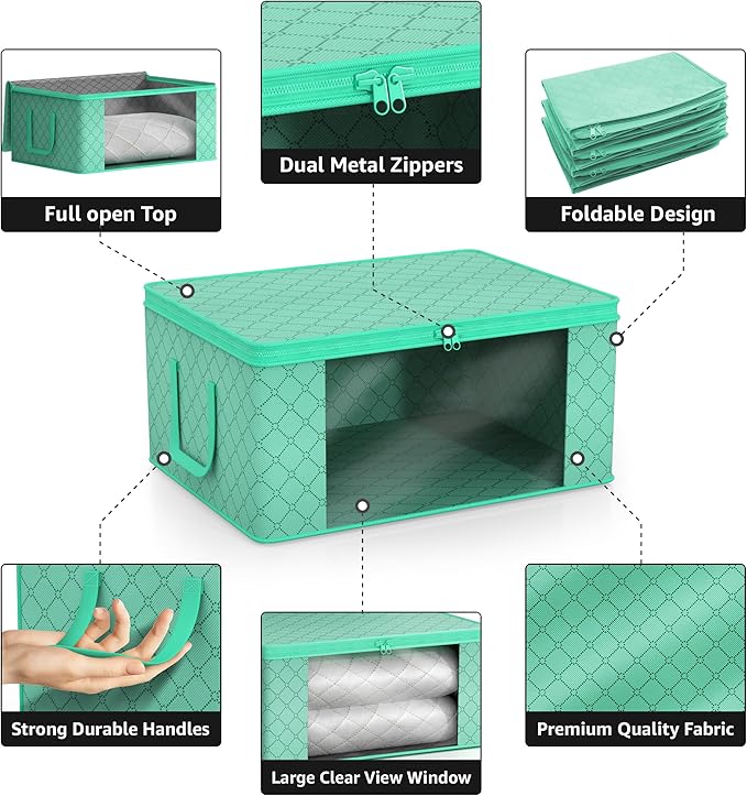 Sorbus Medium Clothes Storage Bags - Foldable Blanket Storage Bins for Organizing Bedroom, Closet, Clothing, Comforter, Organization with Clear Window, Lids and Carry Handles - Set of 3