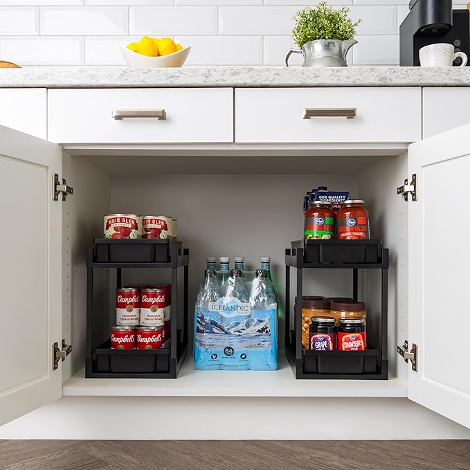 IRIS USA Under Sink Organizer, 2 Pack, Bathroom Organizers and Storage, Pull Out Under Cabinet Kitchen Shelf Pantry Under Counter, Cleaning Supplies, Vertical Spice Rack Slide Out Drawer, Easy Install