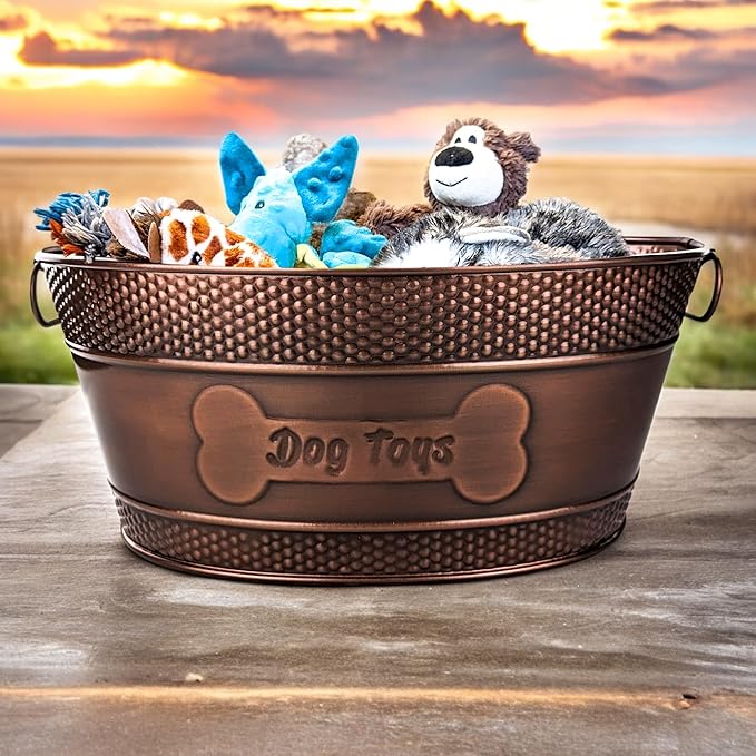 BREKX Indestructible Metal Dog Toy Bin - Copper Galvanized Storage Bin with Handles, Pet Storage Organizer - Ropes, Blankets, & Leashes, Bone Design Pet Toy Box (15-Quart)