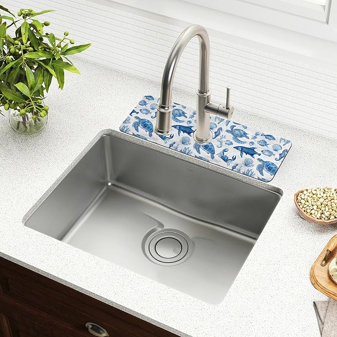 Blue Turtles Fish Crabs Seahorse Starfish Coral Kitchen Sink Splash Guard Sink Faucet Mat Faucet Handle Drip Catcher Drain Mats for Kitchen Bathroom Countertop Absorbent