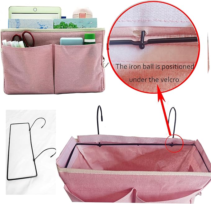 Someteth 2-Pack Bedside Caddy Bedside Hanging Storage Basket Multi-Function Organizer Caddy for Bunk and Hospital Beds Dorm Rooms Bed Rails, Can be Placed Glasses Books Mobile Phones（2 pcs pink）