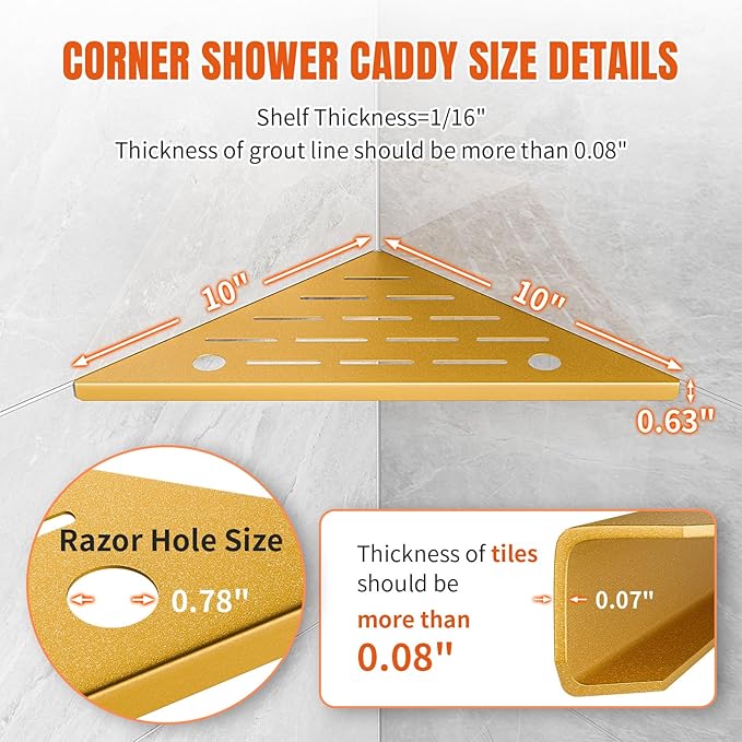 HBXS Shower Corner Shelf with Razor Hole,Modern Style Shower Caddy, Sturdy 304 Stainless Steel Shower Organizer,No Drilling Bathroom Corner Shelf for Tile Wall Gold 2 Pack-10